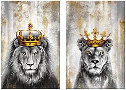 Zlove, 2 броя, Царят на Животните, Стенно изкуство, Лъв и Лъв с Корона, Сиво и Златен Романтична Двойка, Произведения