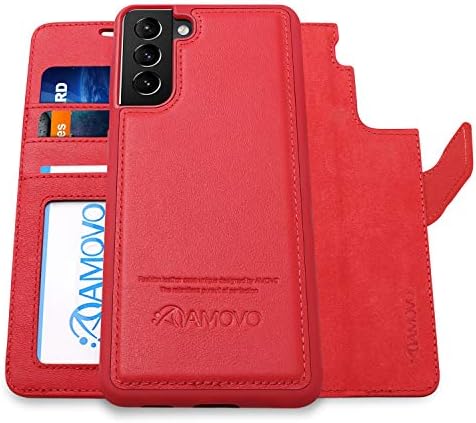 Калъф от естествена кожа AMOVO за Samsung Galaxy S21 Plus, една чанта-портфейл, подвижни [Безжична зареждане][Слот