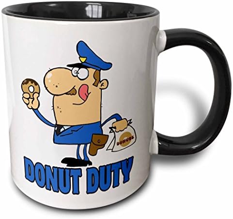 3dRose Забавно Мультяшная два цвята Чаша за Полицай на служба с пончиками, 11 грама, Черен / Бял