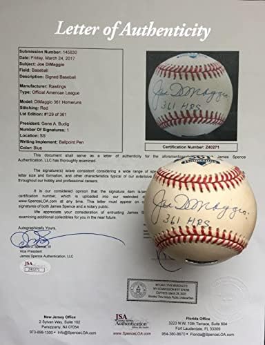 Джо Ди Маджо 361 час С автограф AL Baseball, JSA LOA - Бейзболни топки с автографи