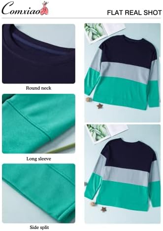 Comxiao/ Дамски Hoody размер Плюс, Всекидневни Пуловер райе с кръгло деколте и цветни блокчета, Блузи, Ризи