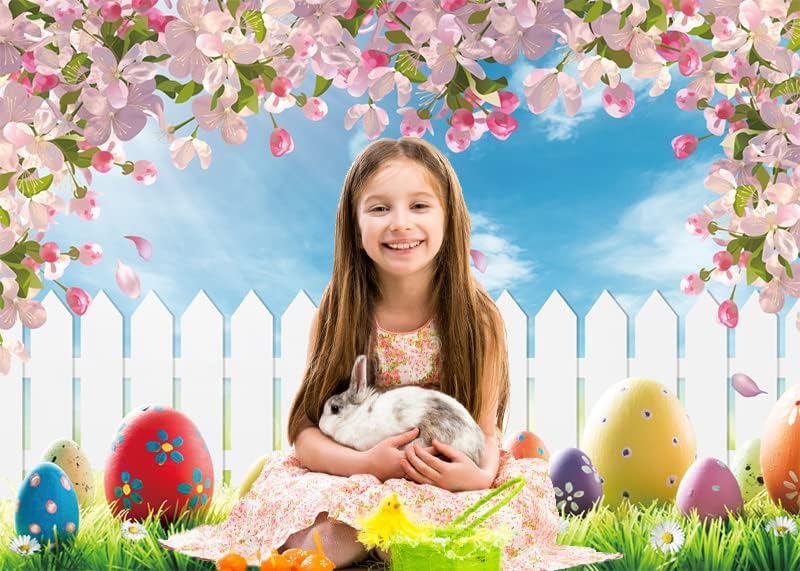 Пролетен Великденски Фон 8x6 фута, Розова Череша, Разноцветни Яйца, Синьо Небе, на Фона на Снимки на Деца, Детски