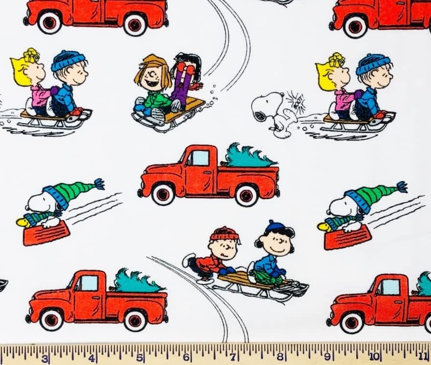 Дебел четвертак - Снупи Чарли Браун и бандата се вози на коледа на шейна бял памучен плат - 18 x 22 Дебелина